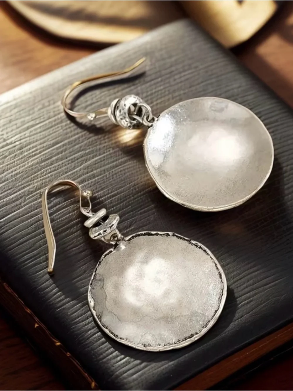 Hammered Silver Disc Drop Earrings for Women - Picture 4 of 5